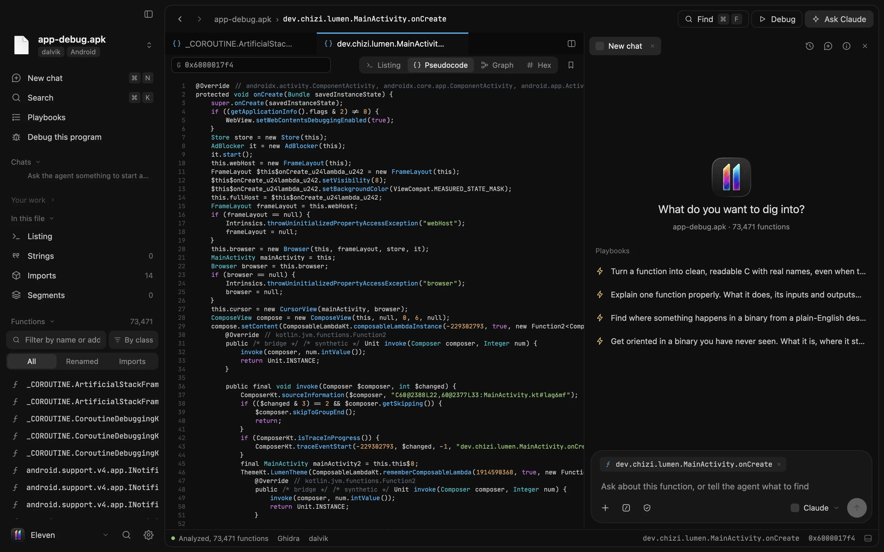 An Android app open in Eleven, showing MainActivity.onCreate decompiled to Java