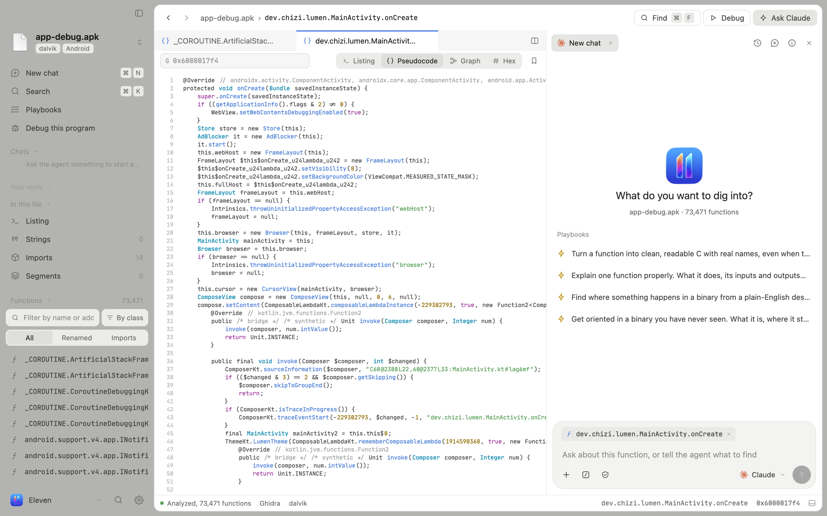 An Android app open in Eleven, showing MainActivity.onCreate decompiled to Java