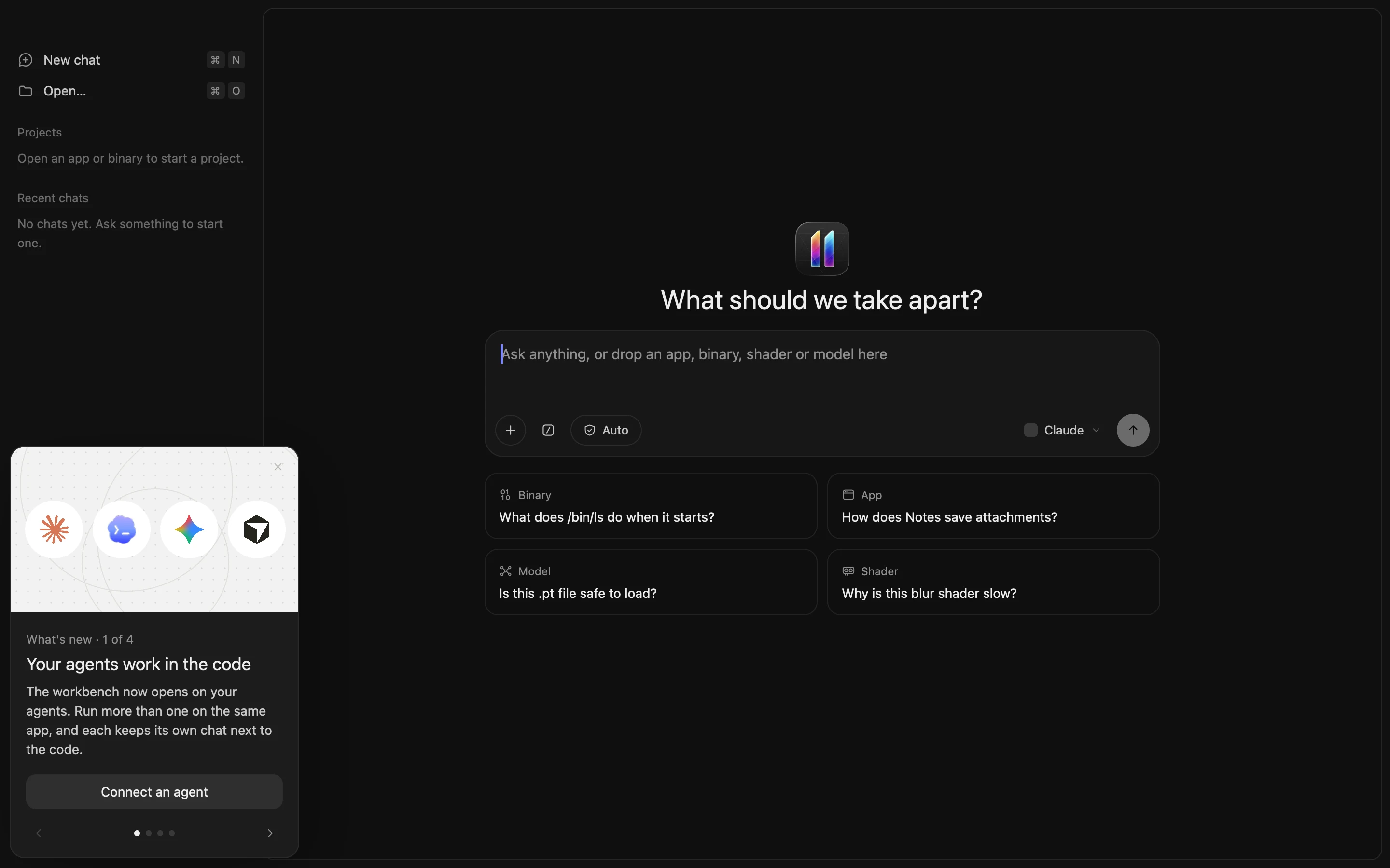The Eleven home screen asking What should we take apart, with a prompt box and example questions