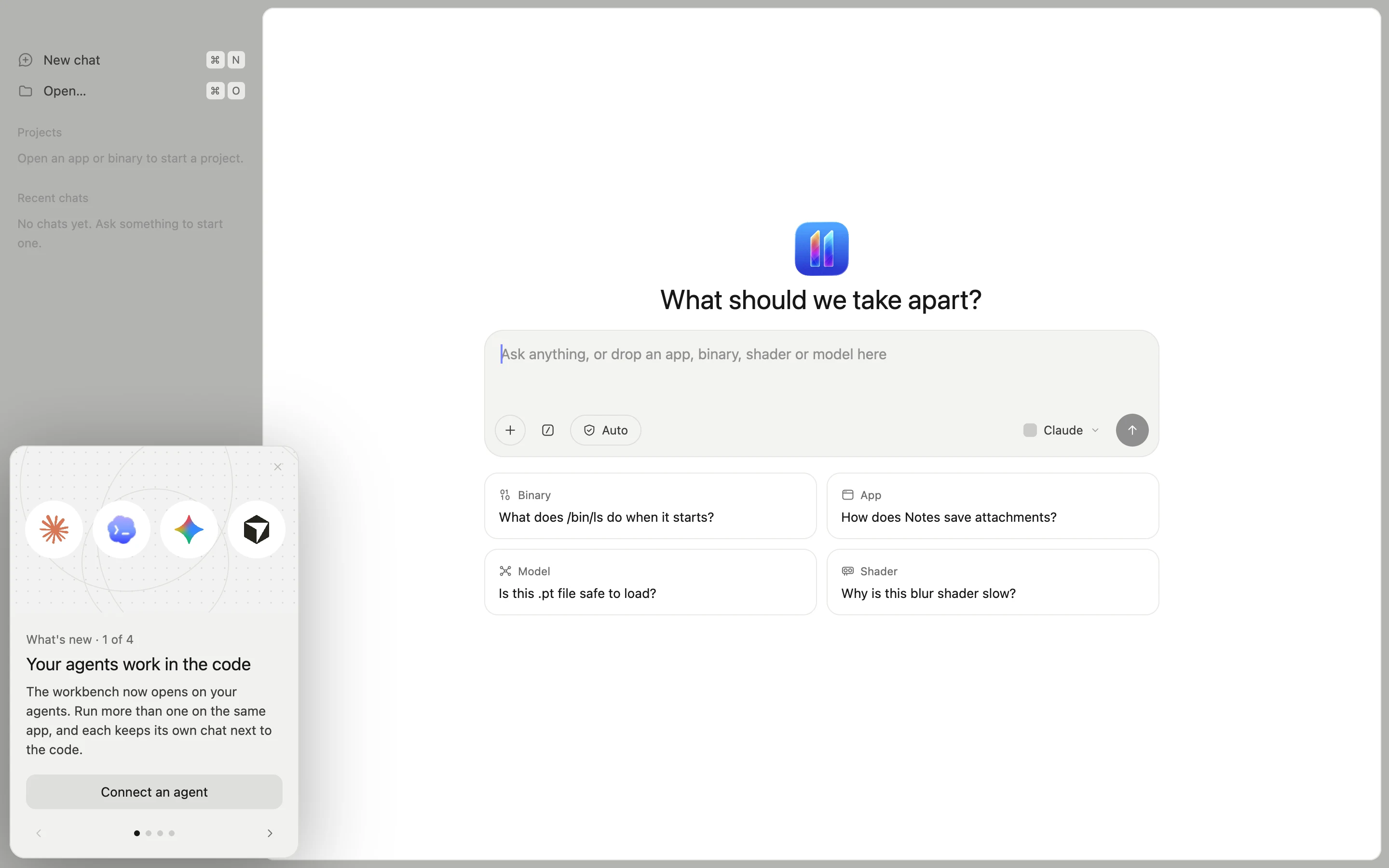 The Eleven home screen asking What should we take apart, with a prompt box and example questions