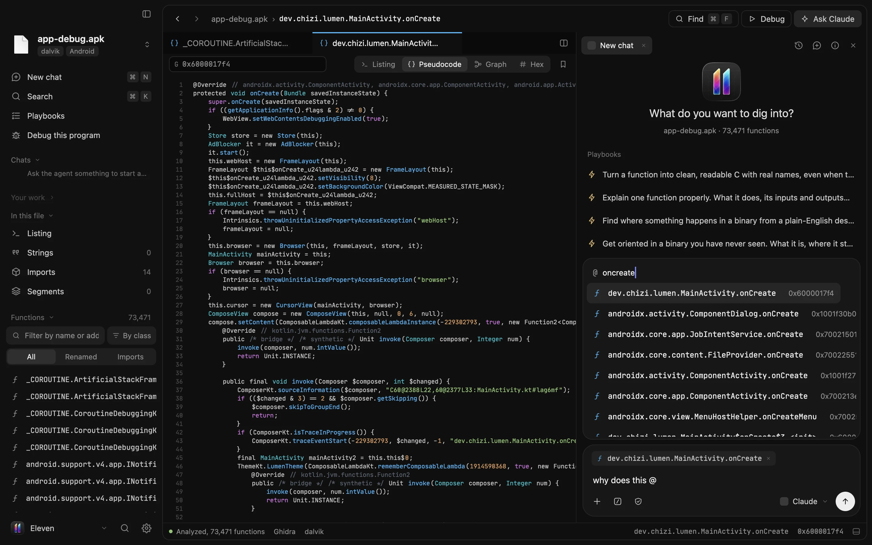 The @ picker open in the chat box, listing onCreate methods from an Android app with their addresses