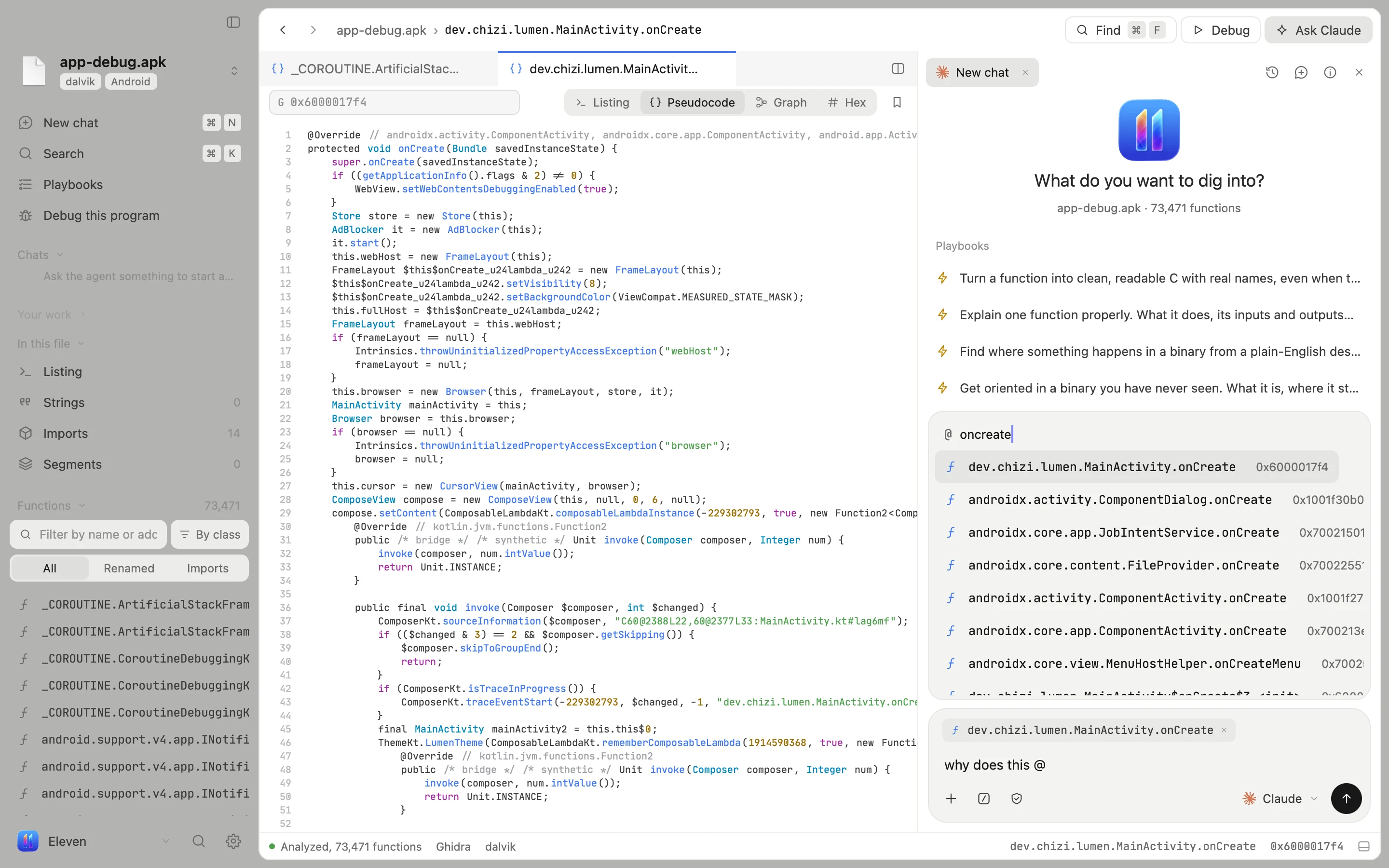 The @ picker open in the chat box, listing onCreate methods from an Android app with their addresses