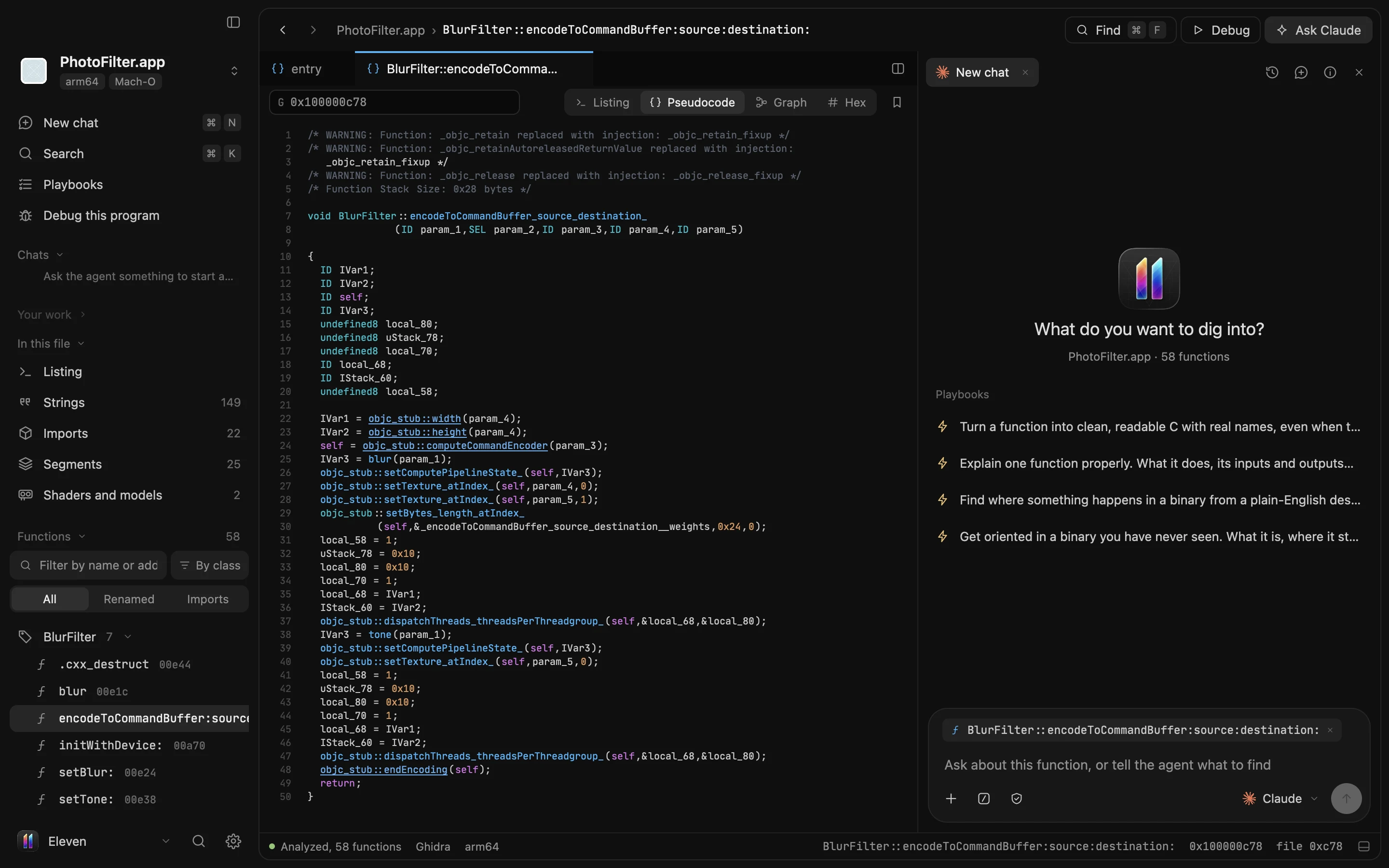 The Eleven workbench showing Ghidra pseudocode for BlurFilter encodeToCommandBuffer, the function list grouped by class, and a chat with the agent