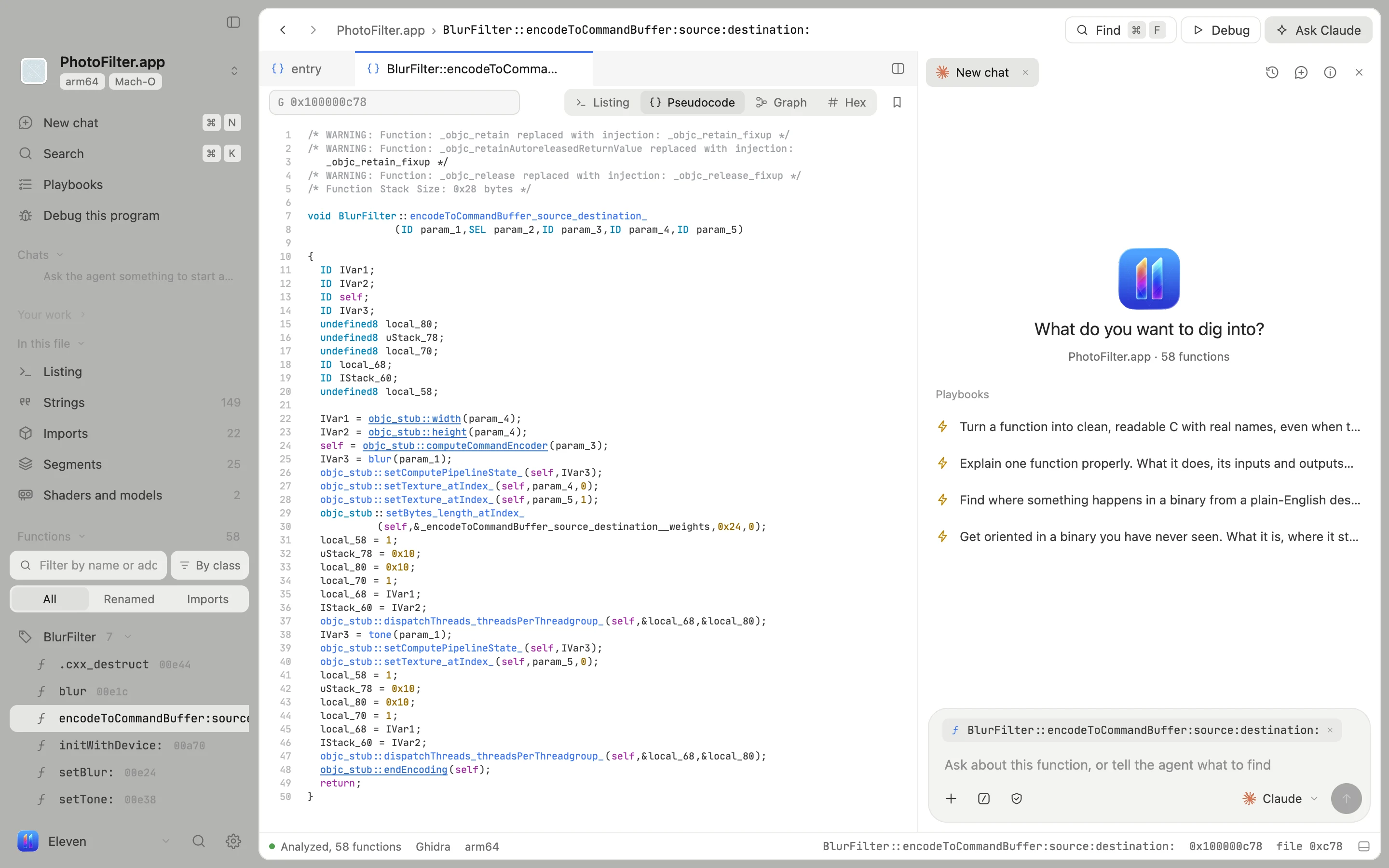 The Eleven workbench showing Ghidra pseudocode for BlurFilter encodeToCommandBuffer, the function list grouped by class, and a chat with the agent